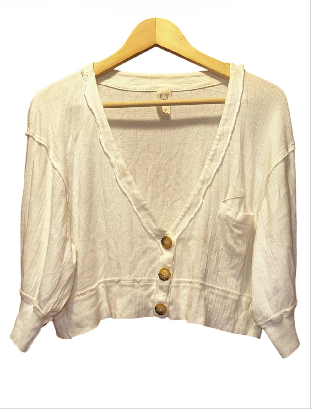 We The Free Cream Ribbed Button-Front Cropped Cardigan
